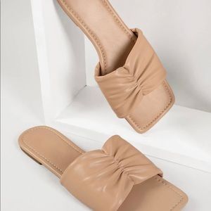 Ruched Faux Leather Square Toe Slides- Size 8-  Apricot